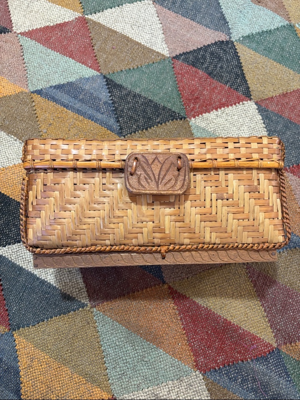 Woven Rattan Basket in Natural Tan With Wood Accents Boho Rustic